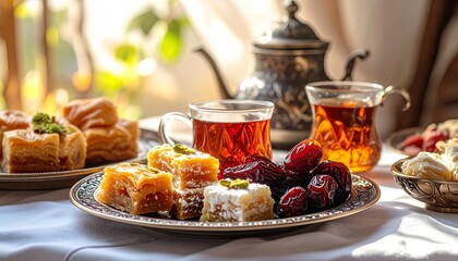 Ramadan treats - Baklava, dates, and tea for a festive celebration.