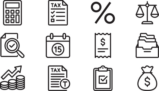 A professional flat illustration of various business and finance icons in black and white with no background or white space with graphic and resources