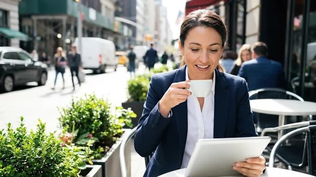 A cheerful professional woman, dressed in a smart navy blazer and crisp white shirt, sits comfortably at an outdoor cafe table on a bustling city street. She smiles genuinely while holding a white cof