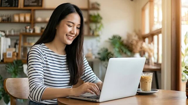 A cheerful young Asian woman is deeply engrossed in her work, happily typing on a laptop while seated at a wooden table in a brightly lit, modern cafe. Her focused yet relaxed expression conveys produ