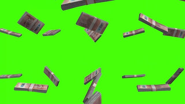 Jamaican Dollar banknotes falling on green screen, JMD currency