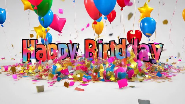 Celebrate a happy birthday with colorful balloons and confetti in a bright animation on a white background filled with joy and excitement for all ages to enjoy