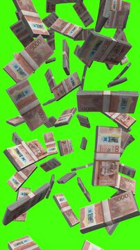 Vertical Jamaican Dollar bills falling on chromakey, JMD cash rain