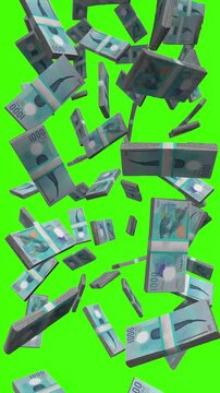 Vertical Maldivian Rufiyaa bills falling on chromakey, MVR finance animation
