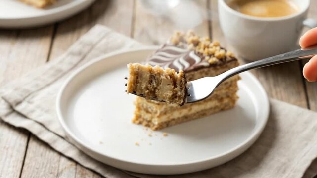 A close-up shot captures a hand gracefully using a fork to cut into a decadent slice of layered cake, revealing its rich, creamy filling and moist texture. The dessert is exquisitely topped with a glo