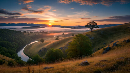Serene River Valley at Sunrise with Misty Hills and Lone Tree in Meadow