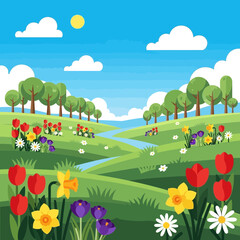 Obraz premium Spring landscape with colorful flowers and rolling green hills