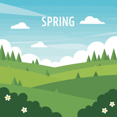 Obraz premium Spring landscape with green hills, trees and clouds