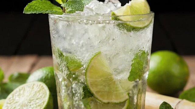 A close-up shot captures the preparation of a vibrant, cold beverage, as liquid is poured into a frosted glass filled with crushed ice. Fresh green lime slices and fragrant mint leaves float amidst th