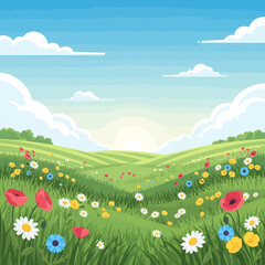 Fototapeta premium Sunny Meadow with Wildflowers and Rolling Hills