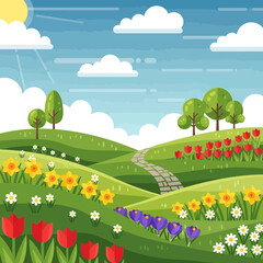 Sunny spring landscape with rolling hills, flowers, and clouds