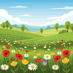 Fototapeta premium Vibrant meadow with blooming wildflowers and rolling green hills under a blue sky