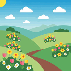 Fototapeta premium Vibrant Spring Landscape with Rolling Hills and Blooming Flowers