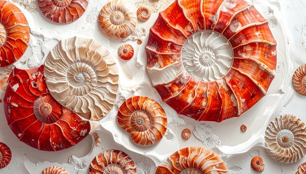 Close-up of various spiral-shaped fossils with red-orange and cream hues against a textured, white surface