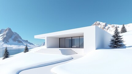 A sleek white modern house (with floor-to-ceiling glass) sits in a snow-covered landscape, beside a frozen lake and snow-dusted pines backed by snow-capped mountains under a bright blue sky.