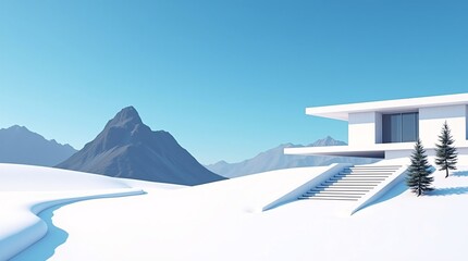 A minimalist white modern house (with overhanging roofs) sits in a snow-covered landscape, connected by a staircase with snow-dusted pines and distant mountain peaks under a pale blue sky.
