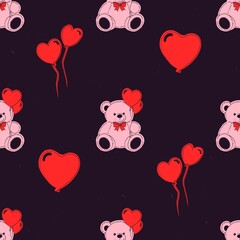 Dark Valentine Teddy And Heart Seamless Pattern