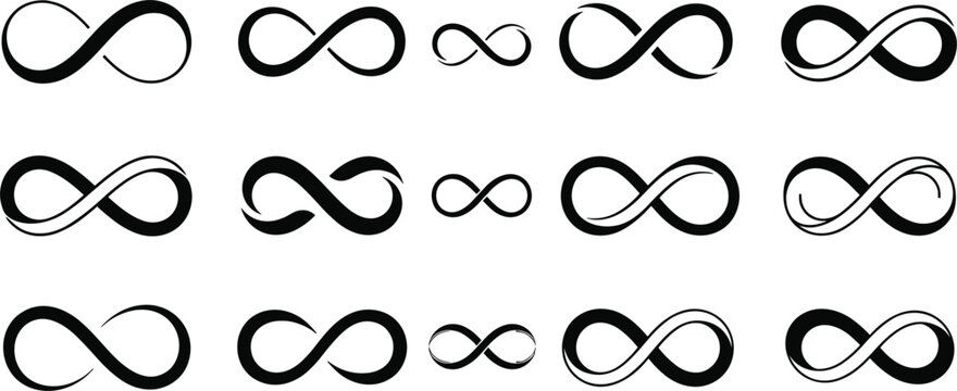 Infinity symbol vector icons with elegant loops, minimalist endless signs, eternity graphics, limitless figure-eight designs for branding