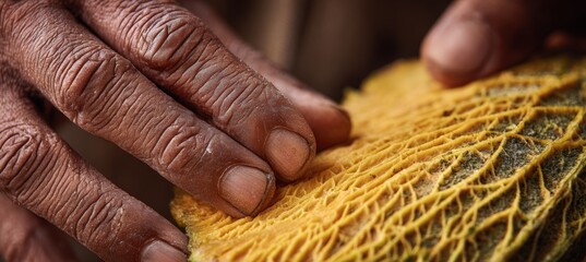 Close-Up of Mango Skin Texture in Farmer's Hands with Visible Veins and Wrinkles