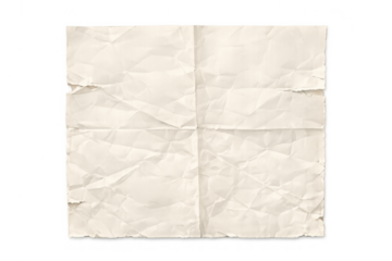Crumpled old paper sheet with torn edges and folds, vintage beige texture on transparent background