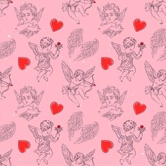 Valentine Cupid Angel Hearts Seamless Pattern Pink Background
