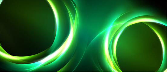 Obraz premium Abstract green background. Glowing curves create dynamic visual effect. Dark areas contrast bright lines, forming modern design.