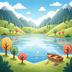 Naklejka premium Serene lake landscape with boat and mountains.