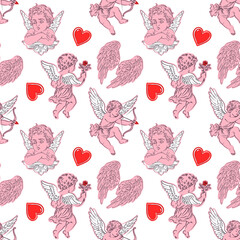 Valentine Cupid Angel Hearts Seamless Pattern Red Background