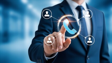 Businessman touching a virtual screen interface connecting with a central telephone icon and several user profiles for telecommunication.