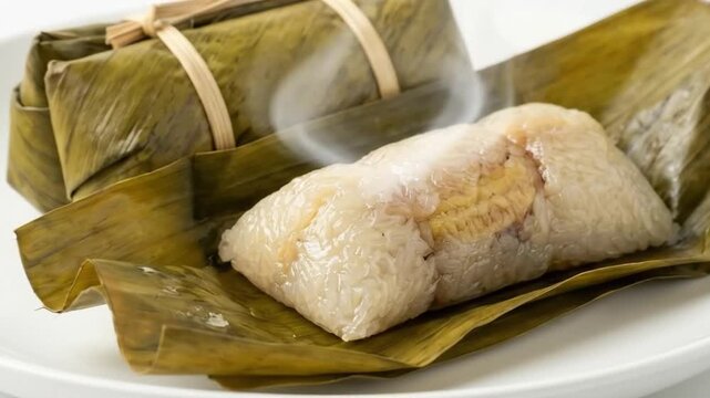 A close-up shot showcases a freshly steamed traditional-style wrapped dish, presented artfully on a pristine white ceramic plate. One portion is delicately unwrapped, revealing glistening sticky rice 