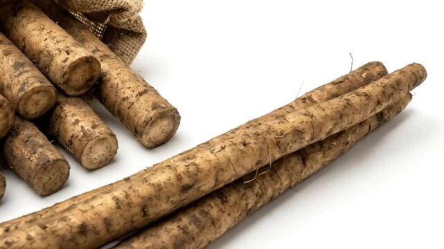 A close-up, static shot highlights a collection of freshly harvested, long root vegetables, likely burdock roots, presented against a pristine white background. Some of these earthy, textured roots ar