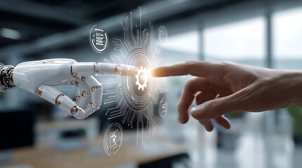 Robot arm and human finger interacting with digital interface showing gear