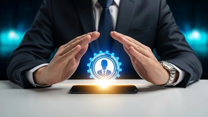 Businessman's hands creating a protective digital shield over a glowing human resource icon originating from a smartphone screen