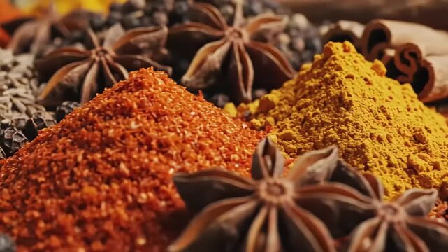 Close up of assorted colorful spices and seasonings for culinary use