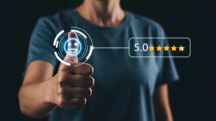 Customer interaction highlights excellent service quality resulting in a perfect five star rating displayed digitally with biometric data