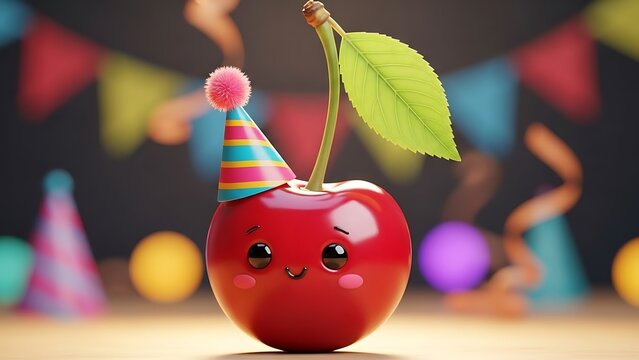 Happy cherry cartoon with party hat.