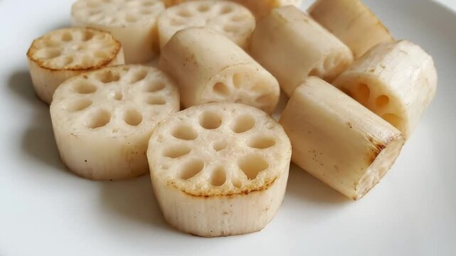A close-up view of freshly prepared lotus root slices arranged neatly on a pristine white plate. The delicate, pale-colored vegetable pieces exhibit their distinct, intricate patterns and wholesome ap