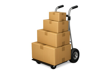 Hand truck carrying stacked cardboard boxes for delivery, shipping, moving, and logistics services with transparent background