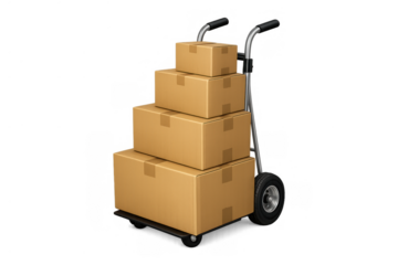 Hand truck carrying stacked cardboard boxes for delivery, shipping, moving, and logistics services with transparent background