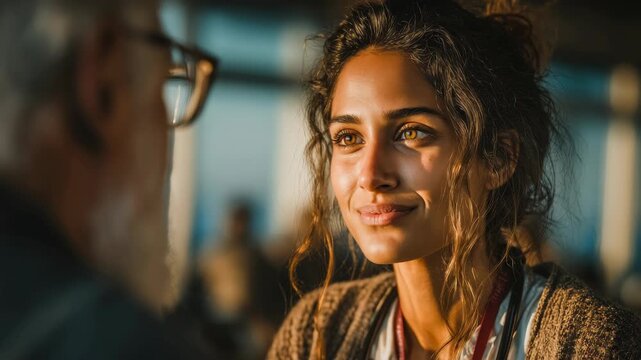 A cinematic background of an empathetic young woman smiling and listening to a senior man. Perfect for creating videos about healthcare, therapy, or business mentorship.
