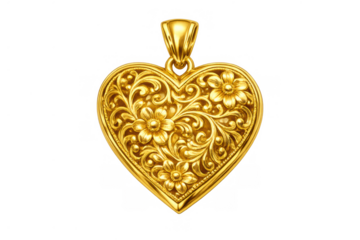 Ornate gold heart pendant featuring intricate floral filigree design, representing love, vintage elegance, and luxury, on transparent background