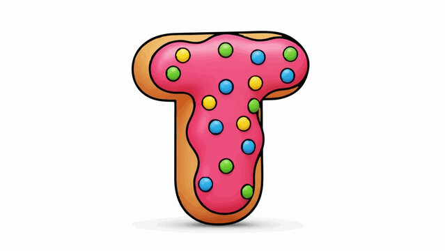 A stylized gingerbread cookie shaped like the letter T, frosted with bright pink icing and decorated with colorful candy dots