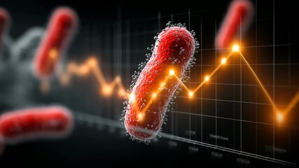 A microscopic bacteria or virus cell is analyzed on a futuristic data chart showing pandemic outbreak growth, making it a perfect background for a medical presentation - Powered by Adobe