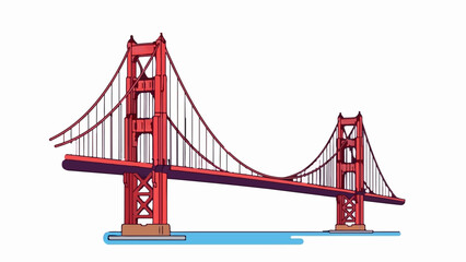 Fototapeta premium A stylized graphic illustration of a large red suspension bridge, spanning over blue water