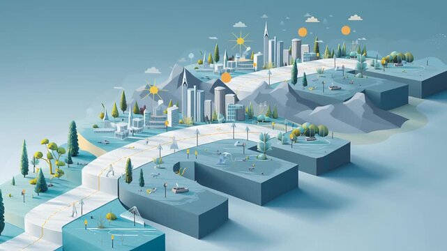 Business digital roadmap concept, layered timeline elements progressing forward, calm neutral tones with light blue accents, modern editorial illustration, transformation uncluttered layout