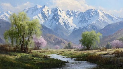 Serene painting of a valley with a flowing stream, lush trees, and majestic snow-capped mountains