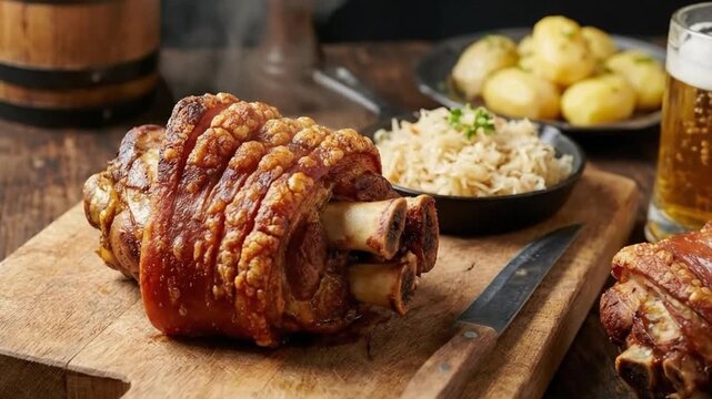 A delectable, crispy-skinned roasted meat joint with exposed bones rests prominently on a rustic wooden cutting board, showcasing its perfectly browned, textured surface. Accompanying this hearty meal