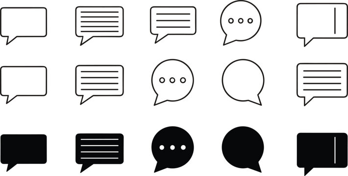 Speech bubble chat icons with outline and solid message symbols, communication dialog balloons for apps and UI design