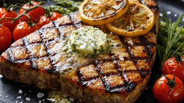 A delectable grilled main course is beautifully presented on a dark plate, showcasing rich texture and vibrant colors. A thick cut of protein, artfully seared with prominent char marks, is topped with