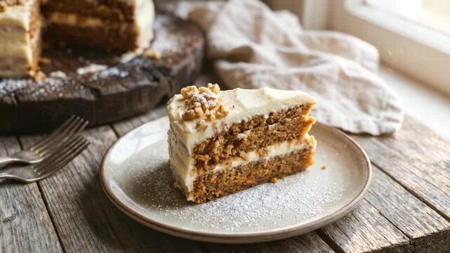 A delectable slice of moist carrot cake, beautifully presented on a rustic ceramic plate, is showcased on an aged wooden table bathed in soft natural light. Layers of rich, spiced cake are generously 